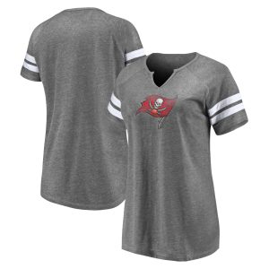 Women’s Tampa Bay Buccaneers Distressed Primary Logo Notch Neck Tri-Blend T-Shirt